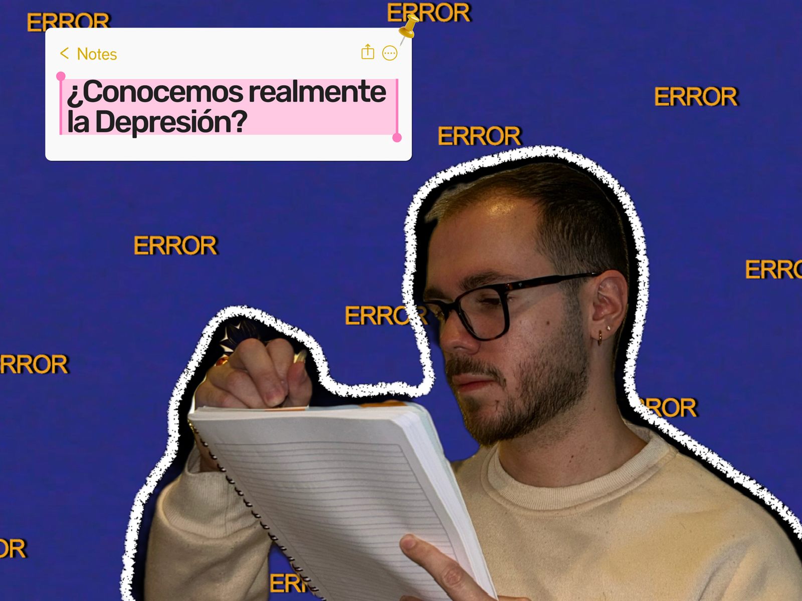 Christian Román, psicólogo clínico, lee un cuaderno sobre un fondo violeta repleto de la palabra «ERROR»